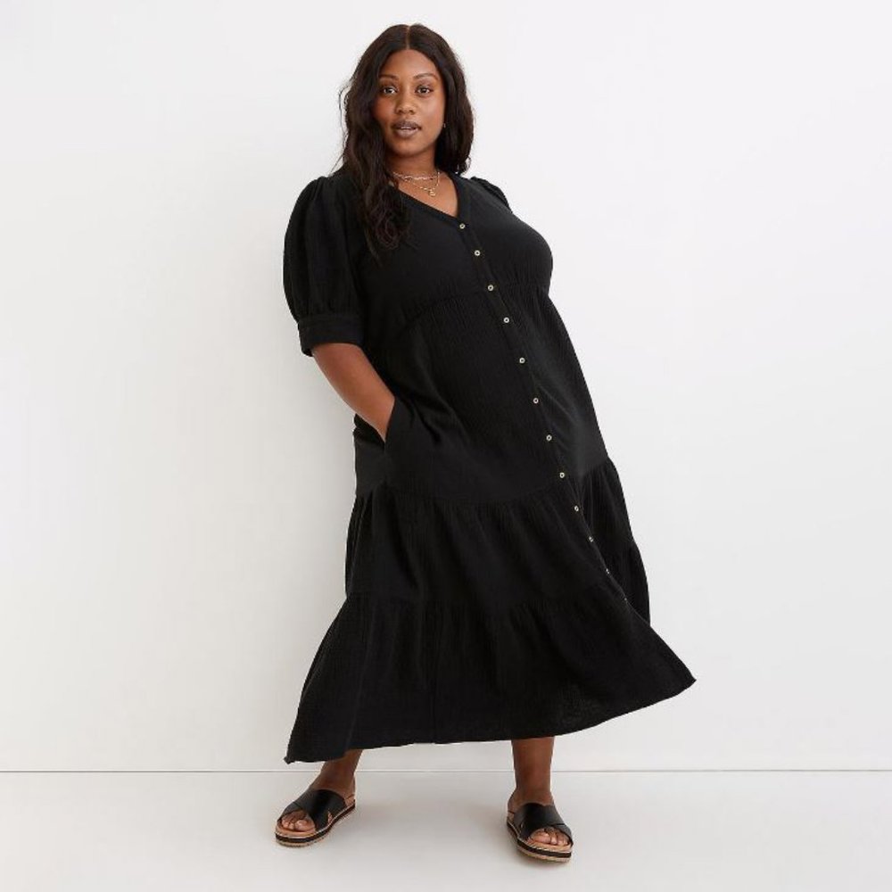 MADEWELL Plus Lightspun Button-Front Tiered Midi Dress Black 16W